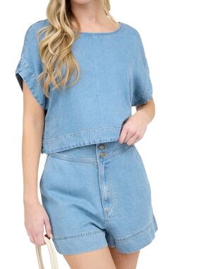 Blu Pepper Light Blue Denim Top & Shorts Set Summer Medium NWT